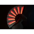 A glowing red led light fan with white fabric blades and a black handle designed for fan dancing lights use