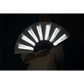 A sleek black-handled yellow led folding fan with bright white light strips showcasing fan dancing lights