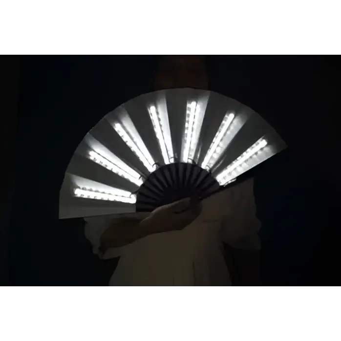 A sleek black-handled yellow led folding fan with bright white light strips showcasing fan dancing lights