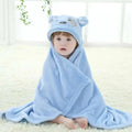 Light blue plush bear animal baby towel with hood featuring soft fluffy texture and embroidered facial features