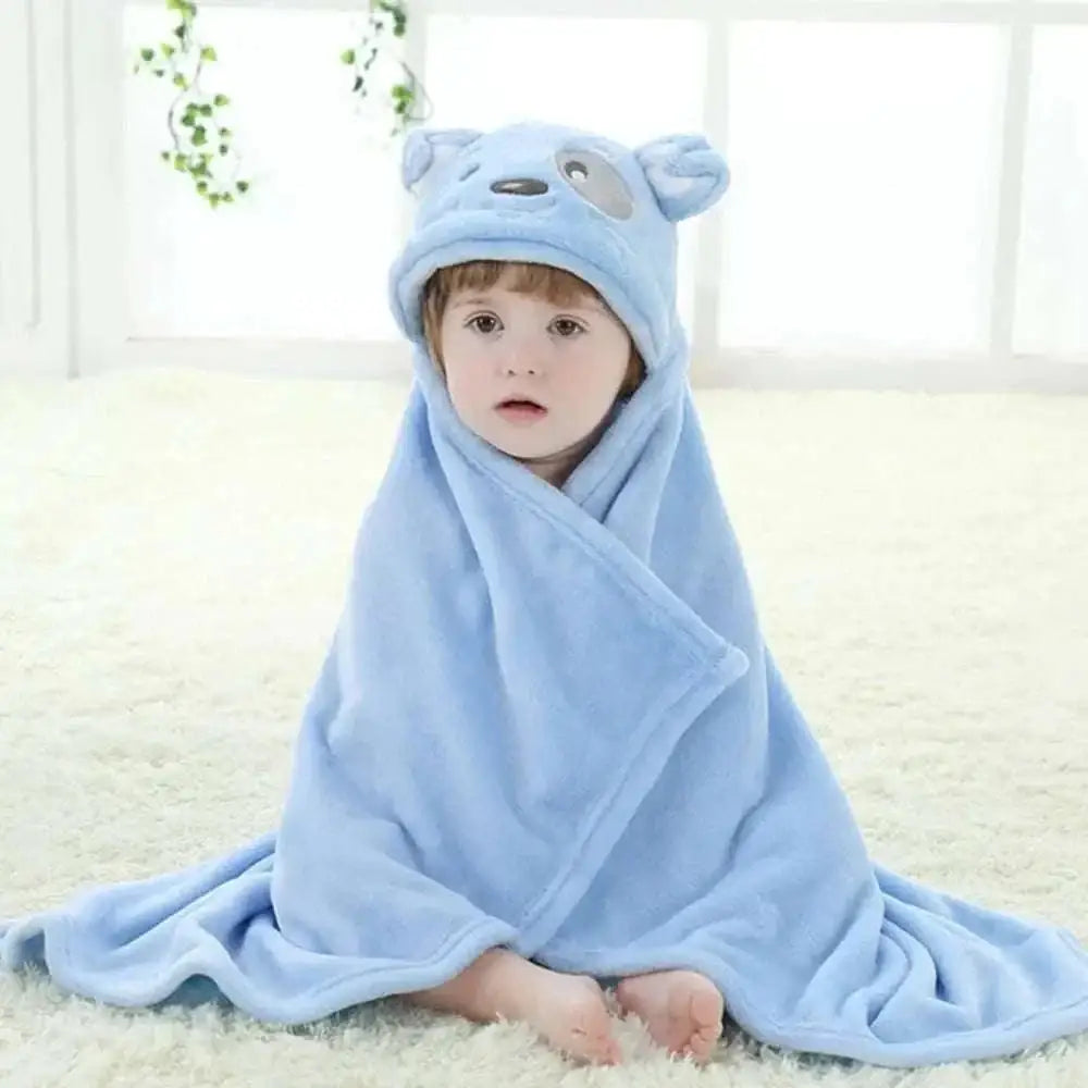 Light blue plush bear animal baby towel with hood featuring soft fluffy texture and embroidered facial features