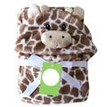 A plush brown and cream giraffe animal baby towel with soft textured fabric for use as a baby towel blanket
