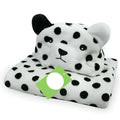 White plush leopard hooded blanket with black spots and soft fuzzy texture for animal baby towel use