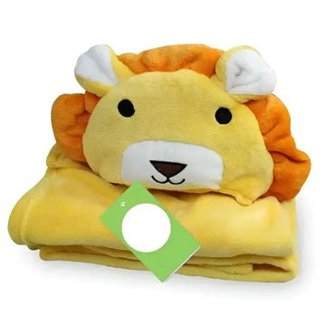 Yellow plush lion animal baby towel blanket with orange mane and white facial accents made of soft plush material