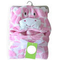 Pink giraffe-themed hooded baby towel blanket with soft plush texture and white face accents for gentle drying