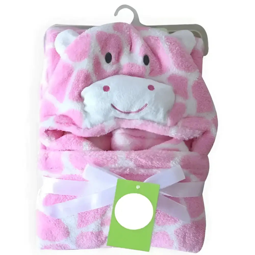 Pink giraffe-themed hooded baby towel blanket with soft plush texture and white face accents for gentle drying
