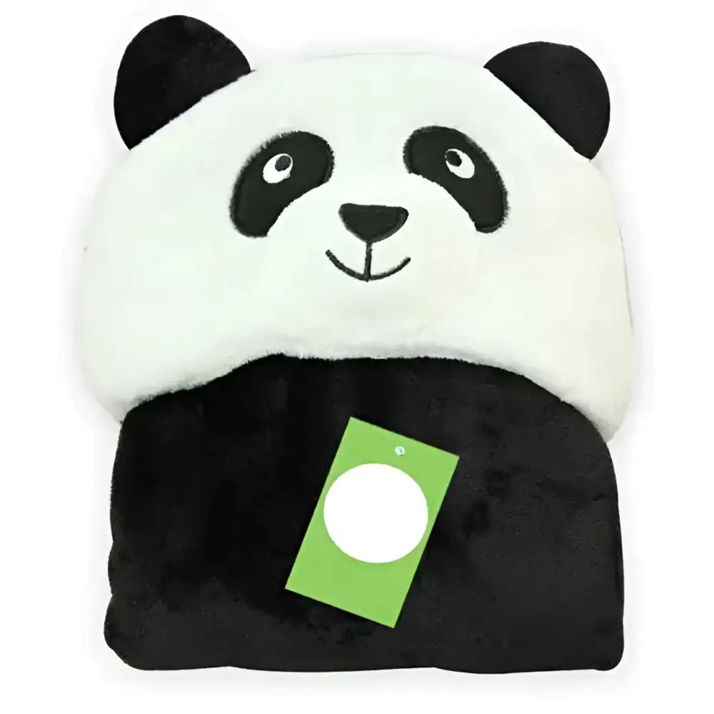 Plush panda-shaped baby towel blanket with black and white fur and embroidered facial details for soft comfort