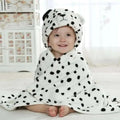 Soft white and black spotted plush animal baby towel blanket with hood designed as dalmatian for cozy use