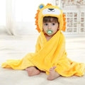 Yellow plush lion animal baby towel blanket featuring hood with mane details made of soft plush material for infants