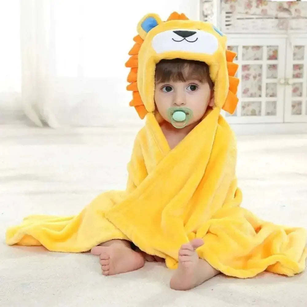 Yellow plush lion animal baby towel blanket featuring hood with mane details made of soft plush material for infants