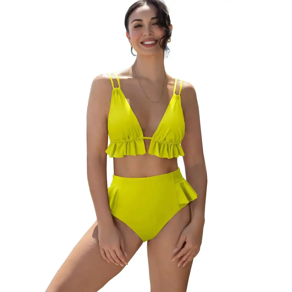 Bright yellow ruffle high two piece swimsuit featuring ruffled trim on top and high waisted bottom