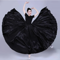 A flowing black satin solid color dance skirt with dramatic wide flare and smooth glossy texture for color performance skirt