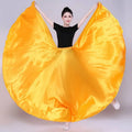Vibrant yellow satin solid color dance skirt with flowing circular design for performance use