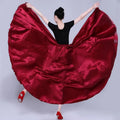 A flowing deep red satin solid color dance skirt with high-waisted design and wide hem for color performance skirt