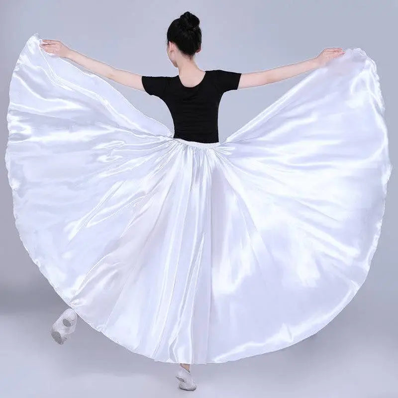 A flowing white satin solid color dance skirt with a high-waisted elastic band for color performance skirt use