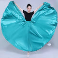 A vibrant teal satin solid color dance skirt with a fitted waistband designed as a color performance skirt