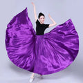 A vibrant purple satin solid color dance skirt with wide flare and elastic waistband for color performance skirt use