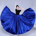 A vibrant royal blue satin solid color dance skirt with a flowing silhouette and fitted waistband for performance