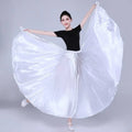 White satin dance skirt with flowing full silhouette featured as a color performance skirt in satin solid color