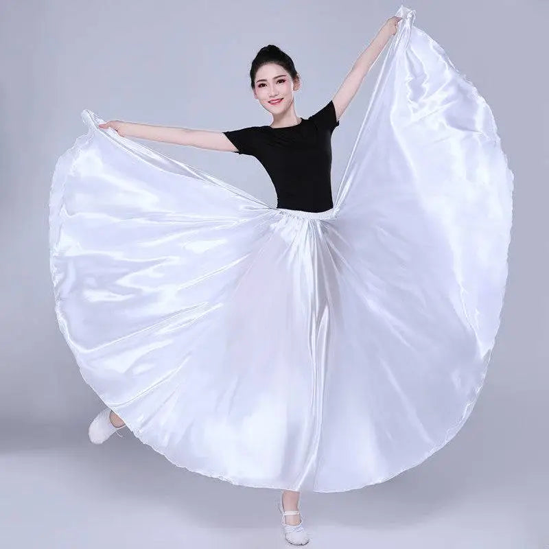 White satin dance skirt with flowing full silhouette featured as a color performance skirt in satin solid color