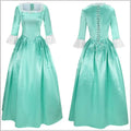 Teal satin victorian palace dress stage performance costume with lace trim neckline and cuffs and fitted bodice