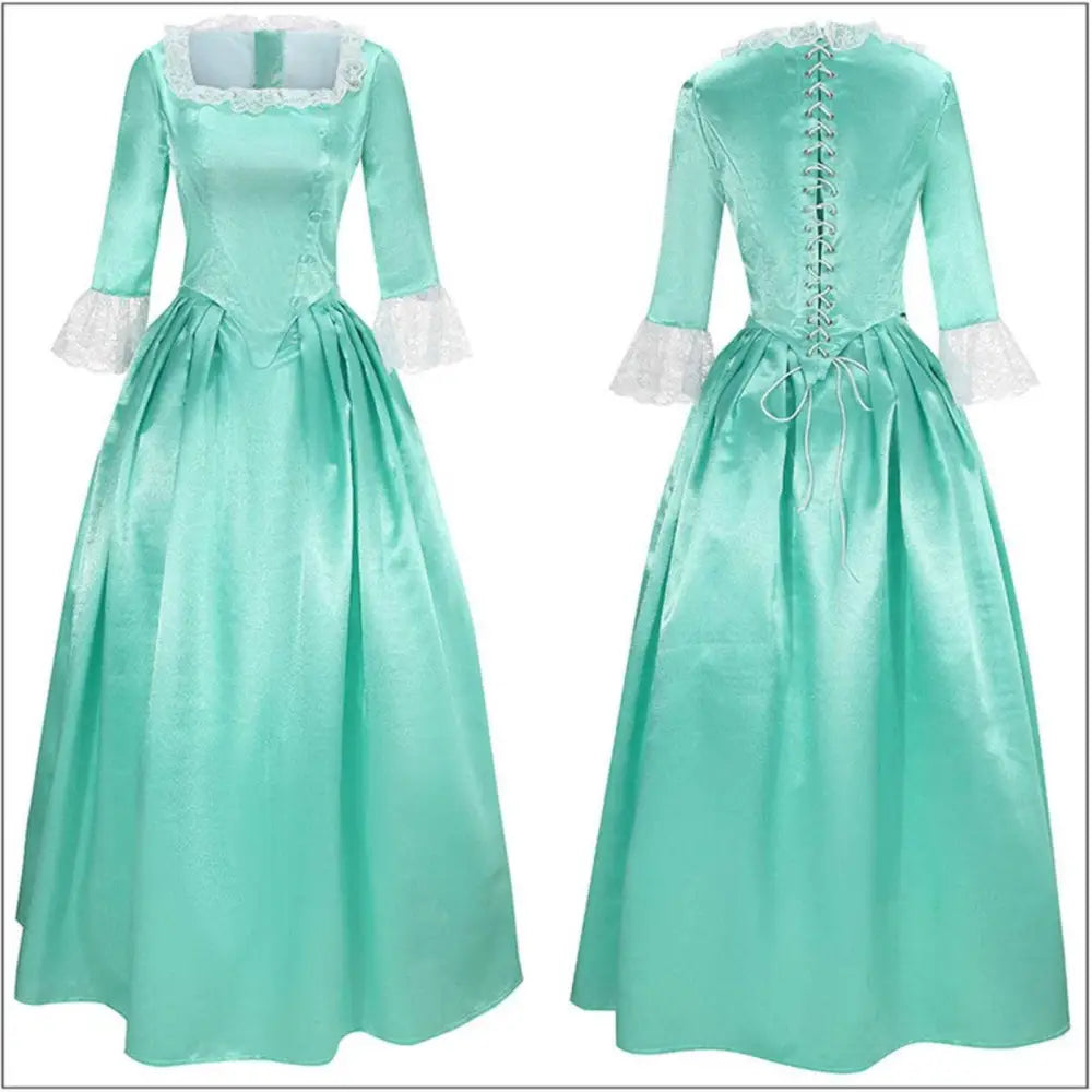 Teal satin victorian palace dress stage performance costume with lace trim neckline and cuffs and fitted bodice