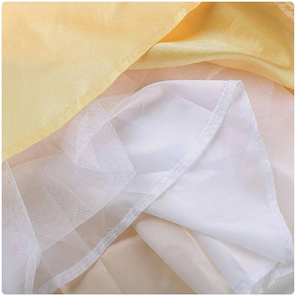 Delicate white tulle overlay with fine mesh layered over yellow and peach sheer fabric for victorian palace dress stage performance