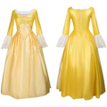 Yellow satin victorian palace dress with white lace cuffs and off the shoulder bodice for dress stage performance