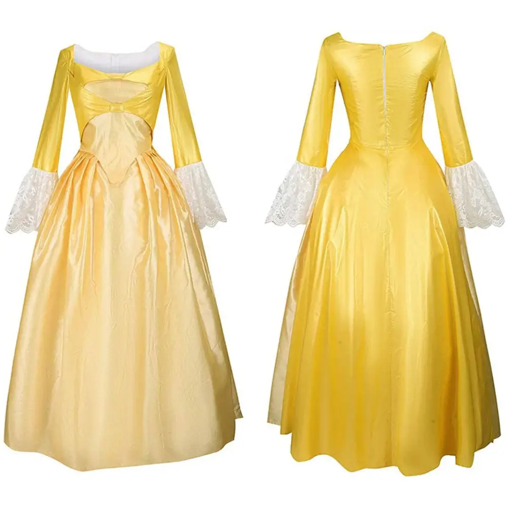 Yellow satin victorian palace dress with white lace cuffs and off the shoulder bodice for dress stage performance