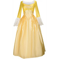 A shimmering gold satin victorian palace dress with long sleeves and lace cuffs for dress stage performance