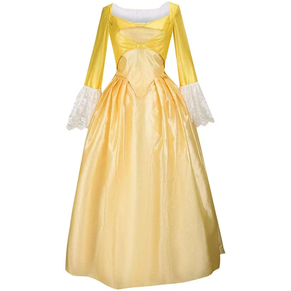A shimmering gold satin victorian palace dress with long sleeves and lace cuffs for dress stage performance