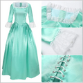 Teal satin victorian palace dress with white lace trim at neckline cuffs and corset lacing for dress stage performance