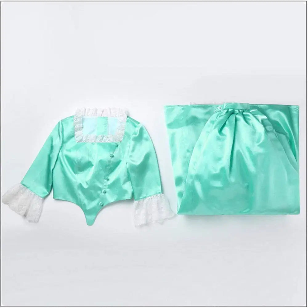 A mint green satin victorian palace dress stage performance set with fitted jacket lace trim and matching drawstring skirt