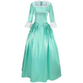 Teal satin victorian palace dress with lace trim and fitted bodice for dress stage performance costume