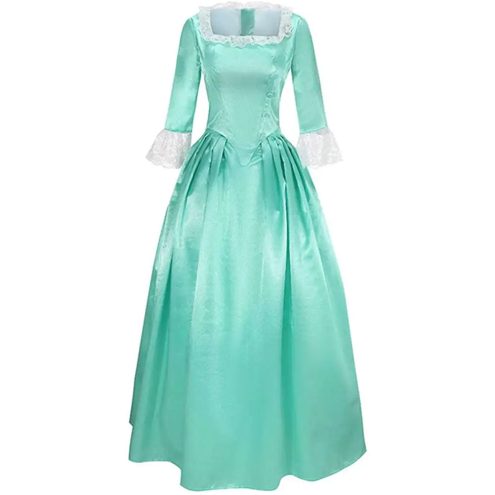 Teal satin victorian palace dress with lace trim and fitted bodice for dress stage performance costume