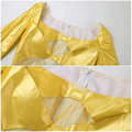 Yellow victorian palace dress stage performance costume featuring shiny gold satin top with sheer mesh panels and fabric buttons