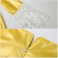 Yellow victorian palace dress stage performance costume with golden satin sleeve white lace cuffs and zipper closure