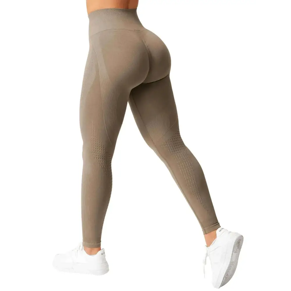Tan yeoreo scrunch workout high-waisted leggings with textured, form-fitting design for workout butt lifting benefits