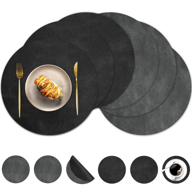 Pixieora Round Placemats and Coasters Set of 6 Washable Reversible Faux Leather Placemats Cowhide Pattern Place Mats Wipeable Non-Slip 15 inch Round Kitchen Dining Table Mats (Gray Black 6) - Royalessencelux