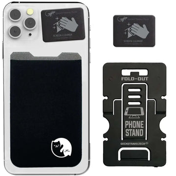 Black gecko travel tech phone card holder and stand with fold-out design and silver etched yin yang cat branding