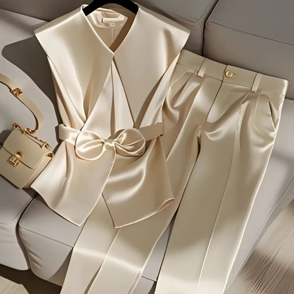 Cream satin pants with a sleek tailored fit and gold toned button detailing for youthful fashionable champagne style