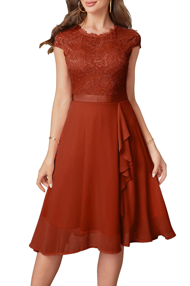 Womens Cocktail Dresses for Women Evening Party Tea Party Dresses for Women 2024 Wedding Guest Dress Black Prom Semi Formal Dress Elegant Lace Silk Bridal Shower Dress for Women Rust Brown XL