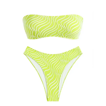 Zaful women strapless lime green ribbed bikini set with white wavy embroidery and a strapless design