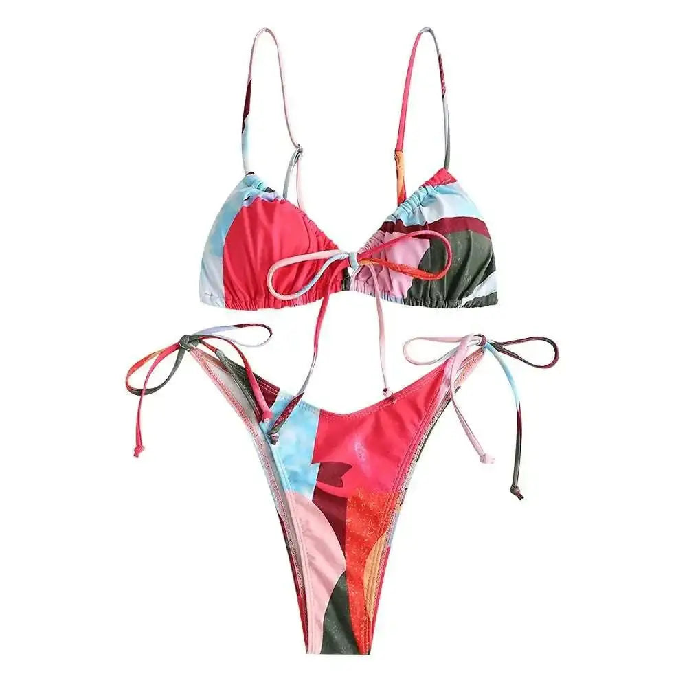 Zaful womens high cut thong bikini set with vibrant abstract reds blues and greens thin straps and tie-side detailing