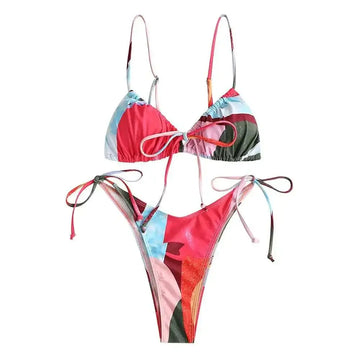 Zaful womens high cut thong bikini set with vibrant abstract reds blues and greens thin straps and tie-side detailing