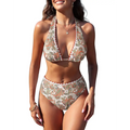Zaful y2k sexy paisley high waisted two-piece bikini set with halter top in earthy tones on white base