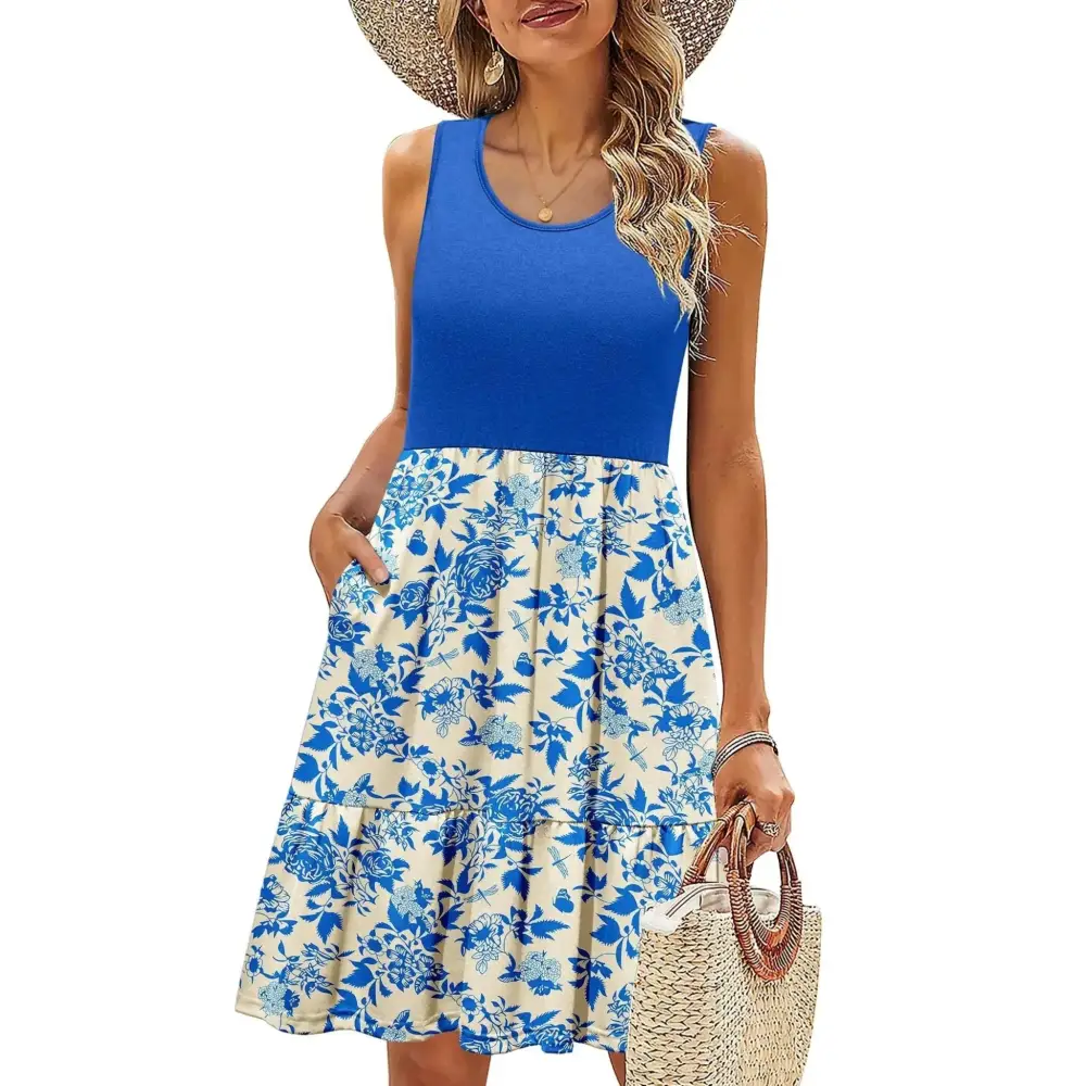 Zeagoo beach dresses sleeveless dress featuring a blue solid top and cream blue floral tiered skirt crewneck sundress