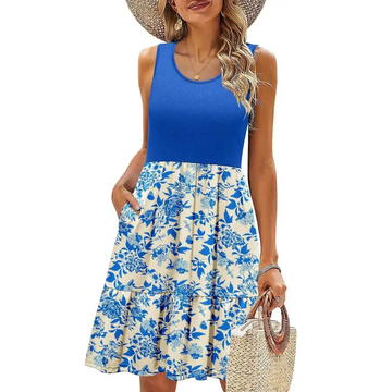 Zeagoo beach dresses sleeveless dress featuring a blue solid top and cream blue floral tiered skirt crewneck sundress