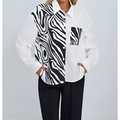 A stylish zebra ladies collar print button chest pocket shirt in white and black with long sleeves and button-down front