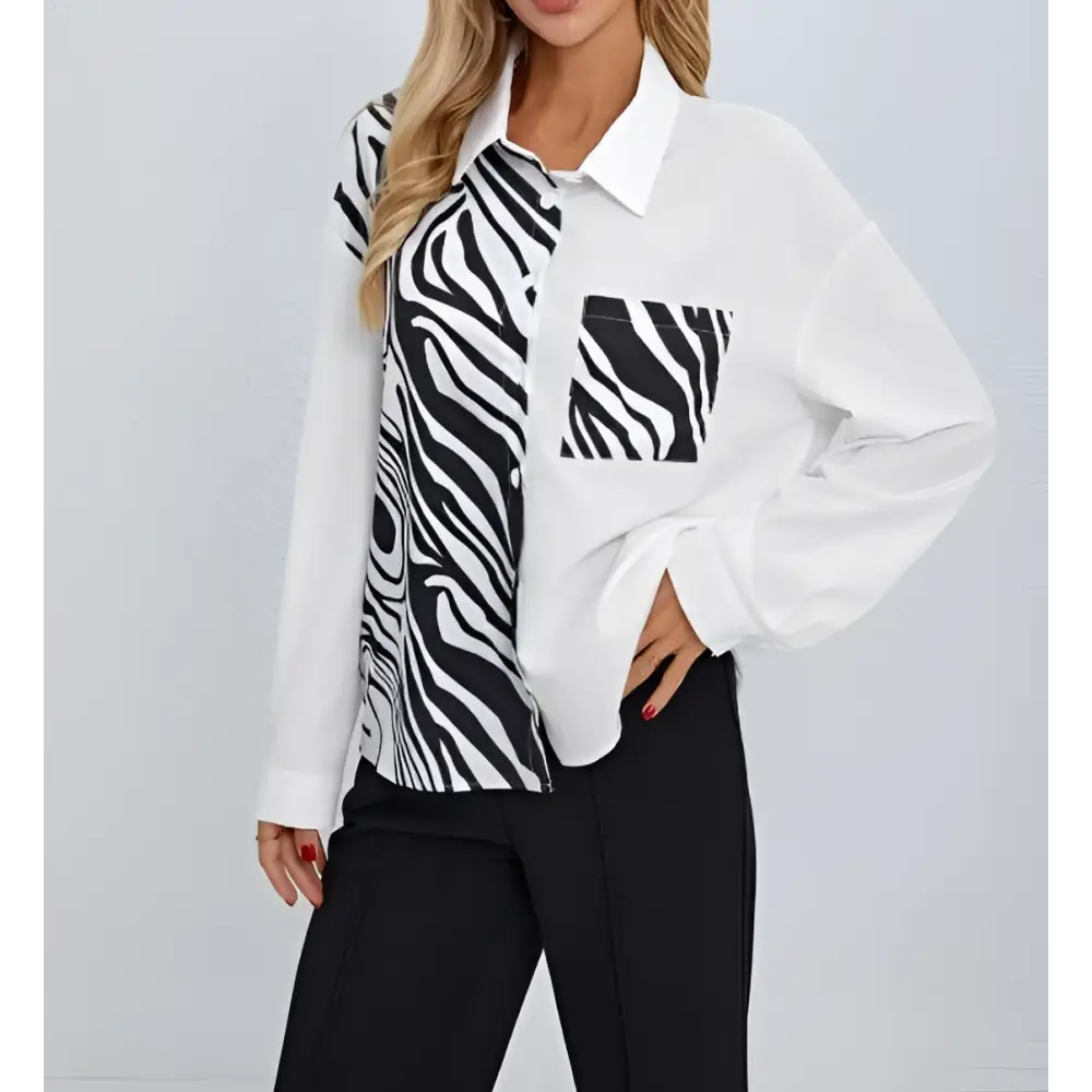 Zebra ladies collar print button chest pocket shirt in white and black zebra print with solid white collar and pocket
